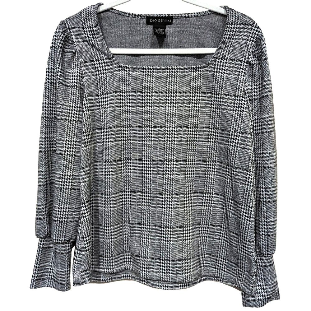 DESIGN 365 Gray and Black Houndstooth Plaid Square Neck Top sz L